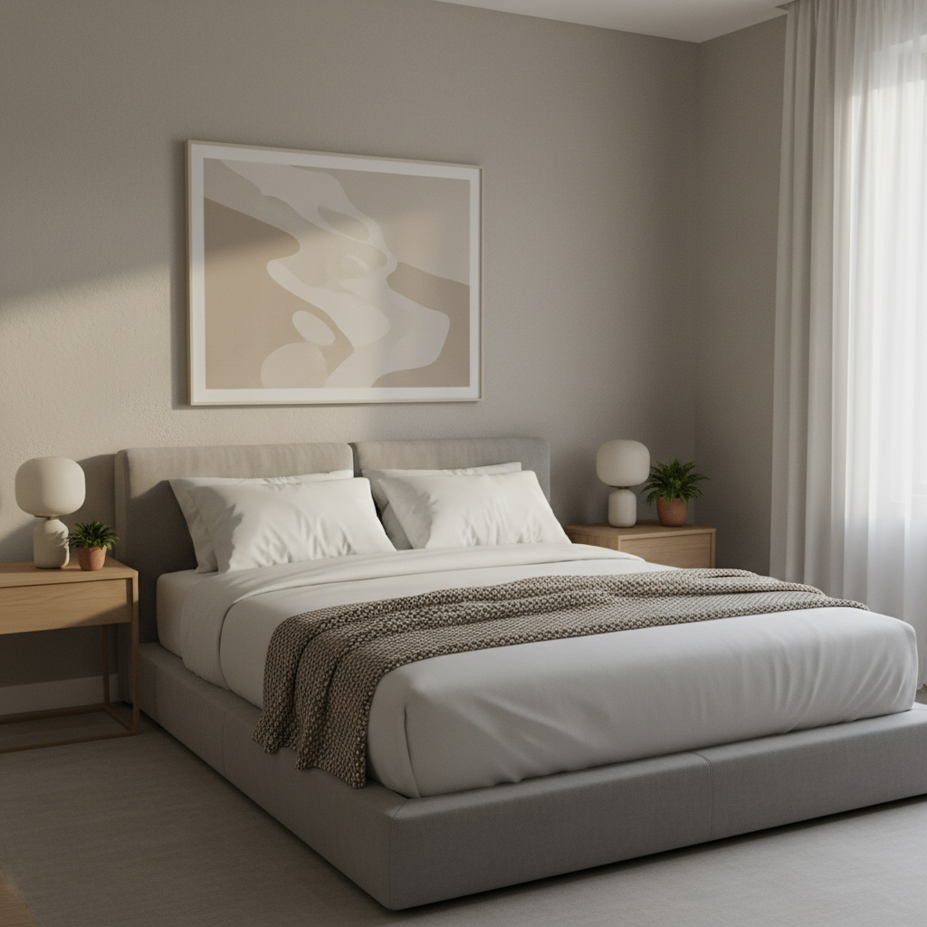 A serene, sophisticated bedroom featuring a low, upholstered bed frame in soft dove-grey fabric, dressed in crisp white cotton bedding with a neatly folded oatmeal-colored knitted throw at the foot. Two slender, light-wood nightstands flank the bed, each topped with a simple ceramic lamp and a small, leafy plant. A large abstract print in muted beige and sand tones hangs above the headboard. Gentle early-morning light streams through sheer white curtains on the right, creating soft shadows on the matte plaster wall. Captured at eye level with a slightly wide angle, the composition emphasizes openness and calm. Photographic realism with a minimalist, hotel-like atmosphere that still feels attainable at home.