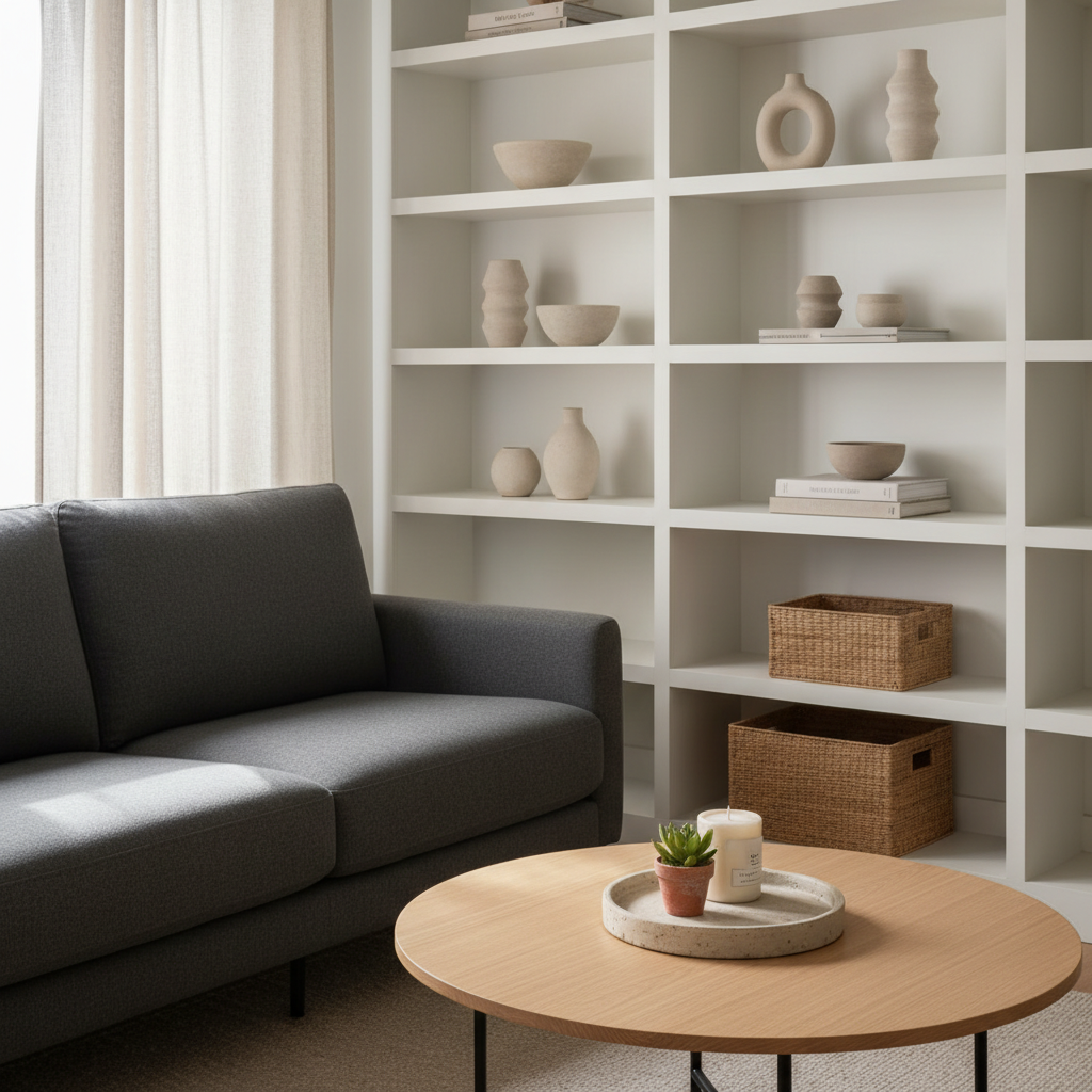A stylish, functional small living room designed for apartment living, centered around a compact charcoal fabric loveseat with slim, black metal legs. A round, light-oak coffee table with a beveled edge stands in front, holding a single stoneware tray with a candle and a tiny succulent. Built-in white shelving fills the wall behind, sparsely styled with neutral ceramics, a few design books, and woven storage baskets. Natural daylight enters from a window just out of frame, softened by linen curtains, creating a gentle glow and subtle highlights on the wooden surfaces. Shot from a corner at a slightly elevated angle, the room feels cozy yet uncluttered. Photographic realism with a chic, achievable city-apartment mood.