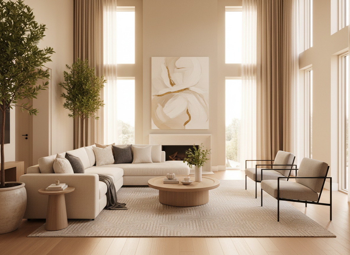 Elegant modern living room interior, warm neutral tones, cream and sand colored sofa, natural light streaming through large windows, minimalist sophisticated styling, high-end interior design magazine photography, wide angle