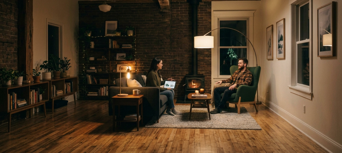 Two people sitting and talking in a cozy living room with a fireplace